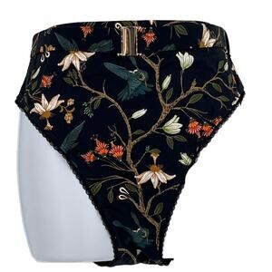 Belted Floral with Lace Trim Bikini Swimsuit Bottom in Black and Multi Size Med